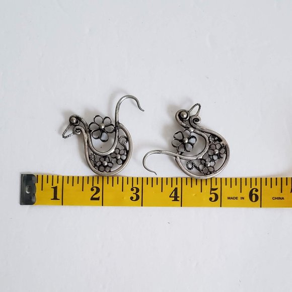 Large MIAO Silver BIRD EARRINGS Hmong Hoop Tribal Rustic Boho Gypsy Handmade - Picture 3 of 9